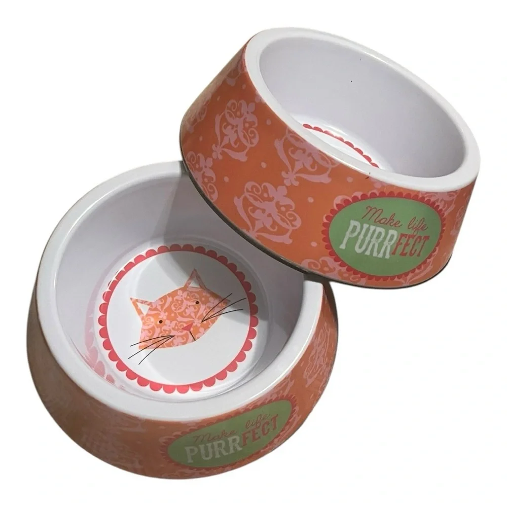 Cat food & water bowls melamine make life purrfect coral pink green 4.5 x 2” set
